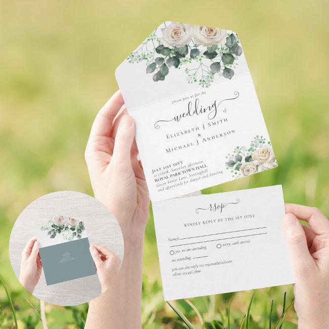 All Inclusive White Roses Floral Wedding Rsvp All In One Invitation