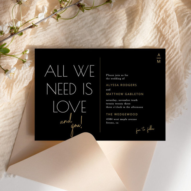 All We Need Is Love | Modern Black + Gold Wedding Invitation