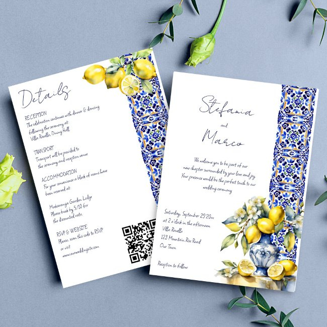 Amalfi Italian Blue Tile Lemons All In One Wedding Invitation