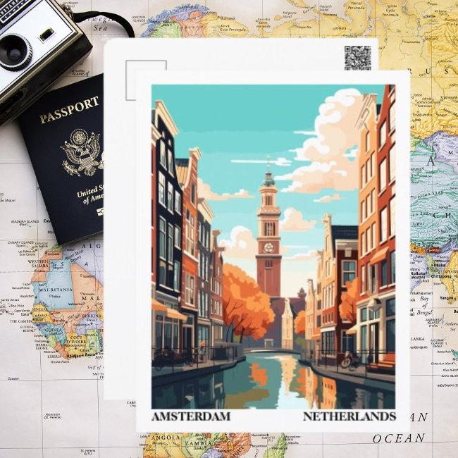 Amsterdam Retro Illustration Travel Postinvitations