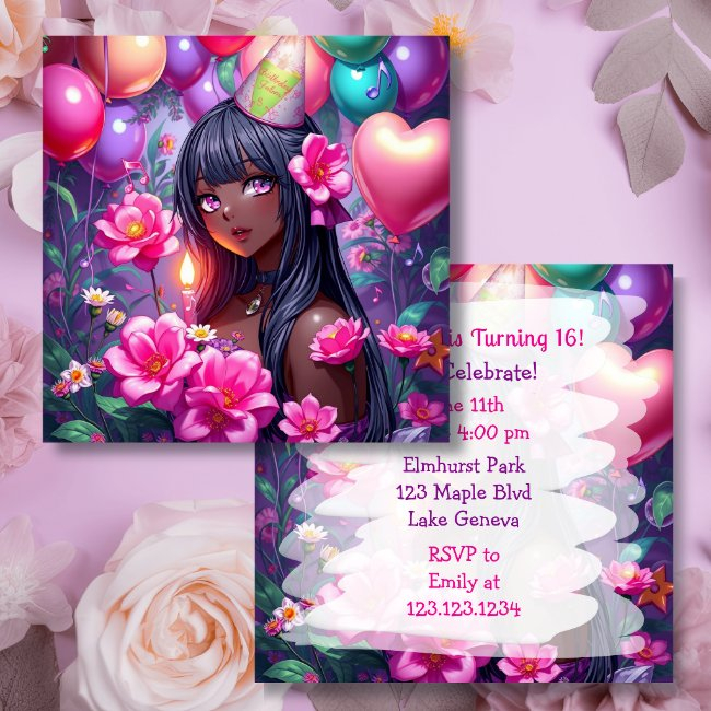 Anime Themed African-american Girl Birthday Invitation