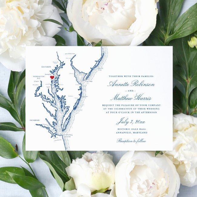Annapolis Md Chesapeake Bay Navy Blue Wedding Invitation
