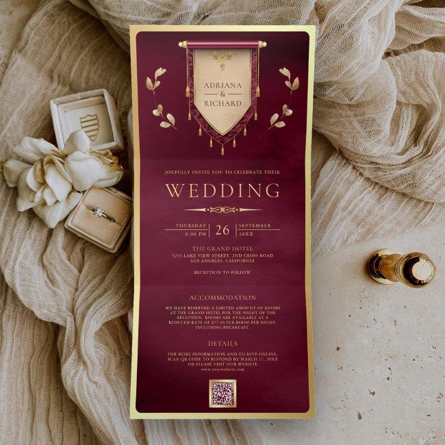 Antique Burgundy Gold Scroll Medieval Wedding Tri-fold Invitation