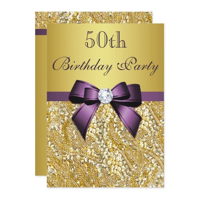 Any Age Birthday Gold Faux Sequins Purple Bow Invitation