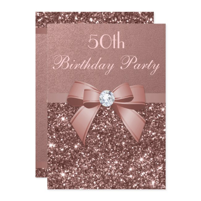Any Age Birthday Rose Gold Glitter Diamond Bow Invitation