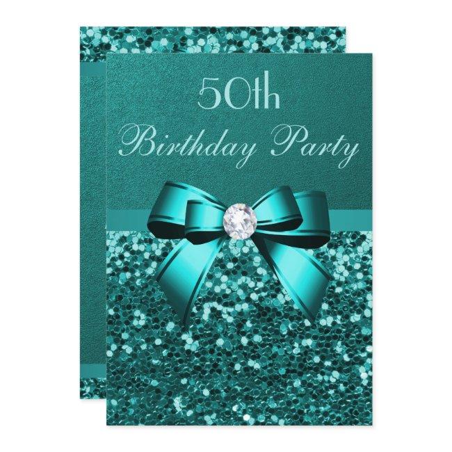 Any Age Birthday Teal Glitter Diamond Bow Invitation