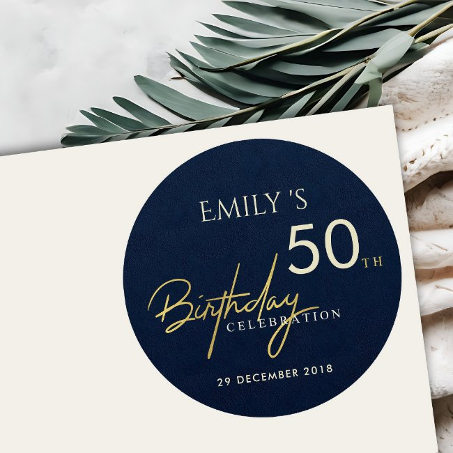 Any Age Simple Navy Gold Typography Birthday Classic Round Sticker