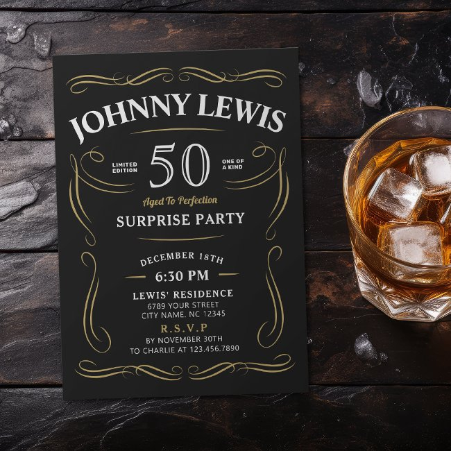 Any Age Whiskey Themed Surprise 50th Birthday Invitation