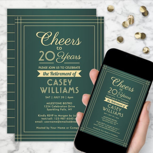 Any Number Retirement Party Cheers Green And Gold Invitation
