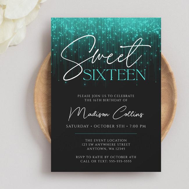 Aqua Teal Lights Black Sweet 16 Invitation