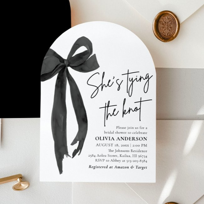 Arch Black Bow She's Tying The Knot Bridal Shower Invitation