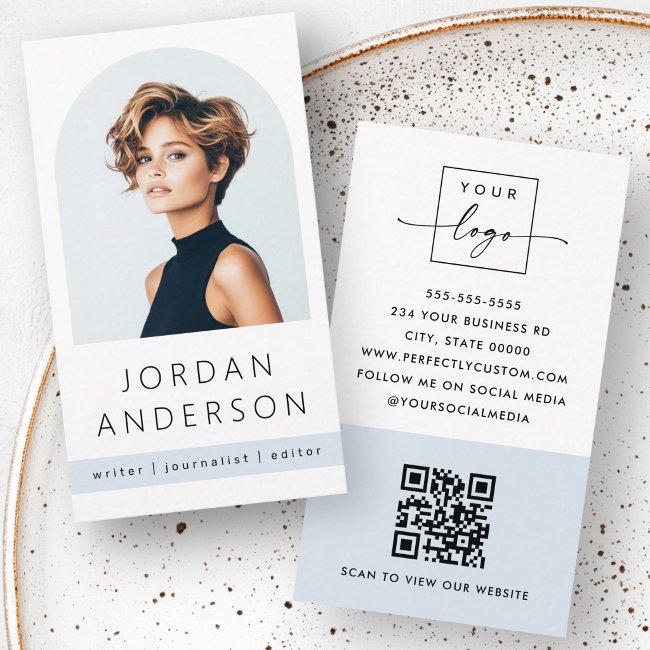 Arch Photo Modern Minimal Light Dusty Blue Qr Logo Business Invitations
