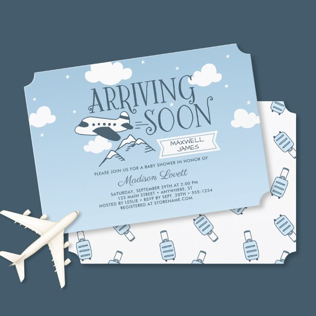 Arriving Soon Airplane Baby Shower Invitation