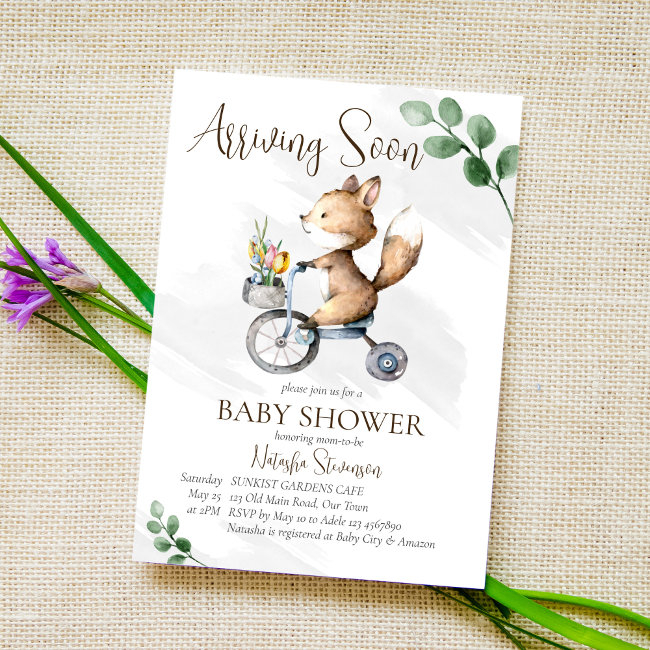 Arriving Soon Little Fox Riding Bike Baby Shower Invitation