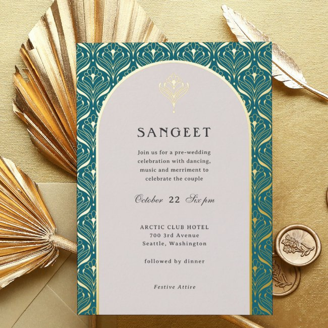 Art Deco Gold Floral Indian Wedding Sangeet Foil Invitation