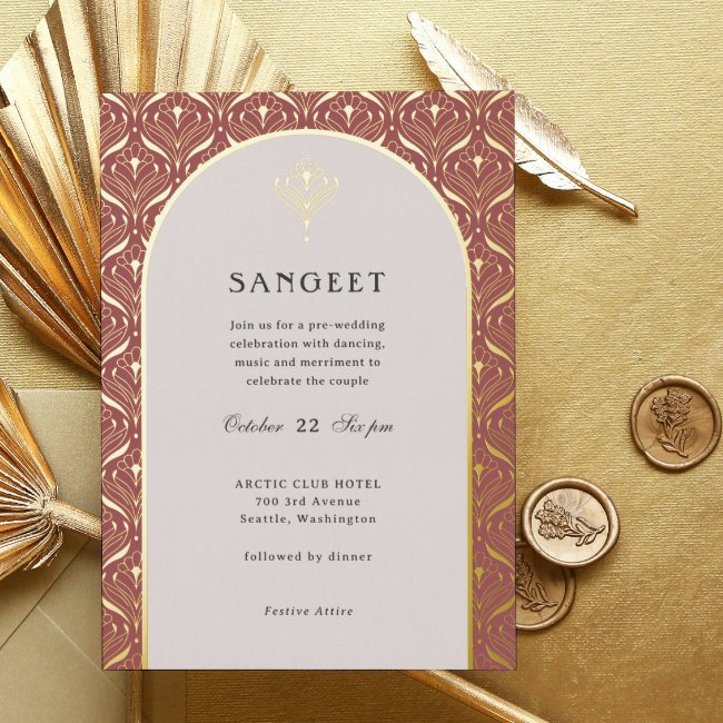 Art Deco Gold Floral Indian Wedding Sangeet Foil Invitation