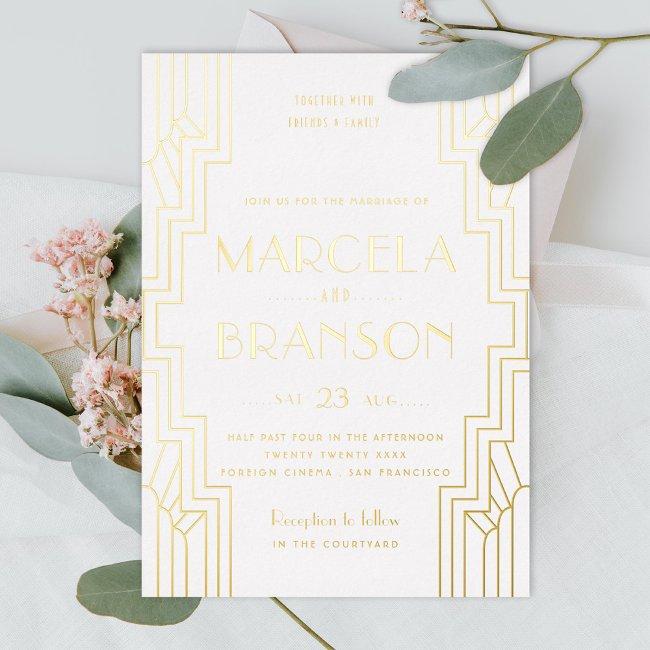 Art Deco Ironwork Gold And White Wedding Foil Invitation