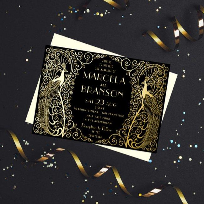 Art Deco Peacocks Wedding Gold Foil Invitation