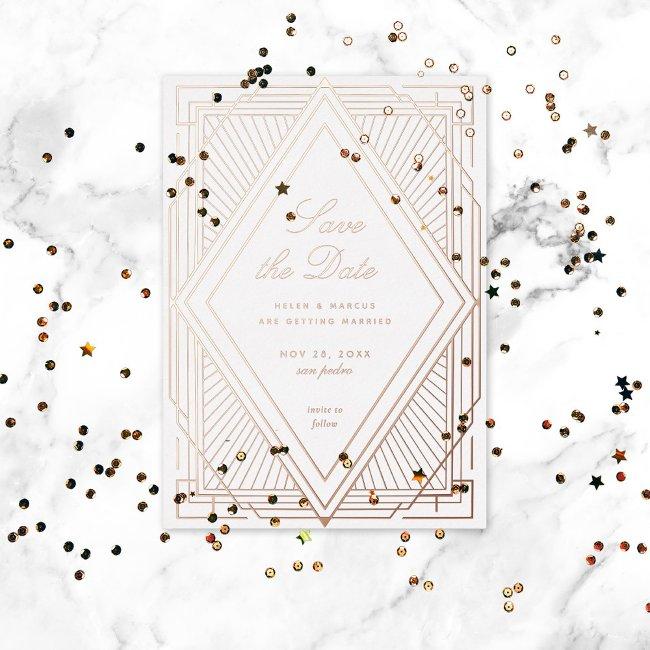 Art Deco Save The Date Diamond White Rose Gold Foil Invitation
