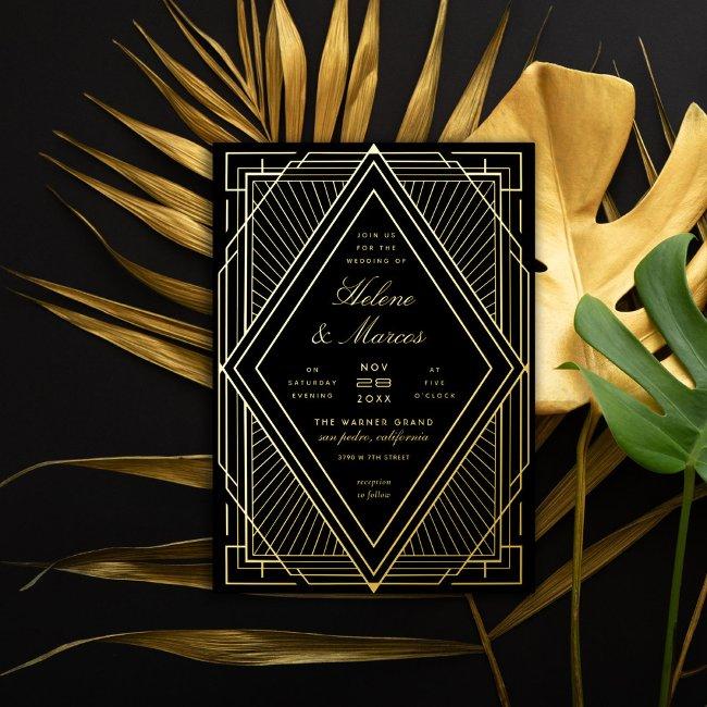Art Deco Wedding Diamond Black And Gold Foil Invitation