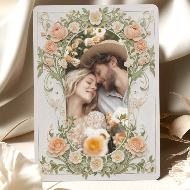 Art Nouveau Photo Wedding Peach Ranunculus Invitation