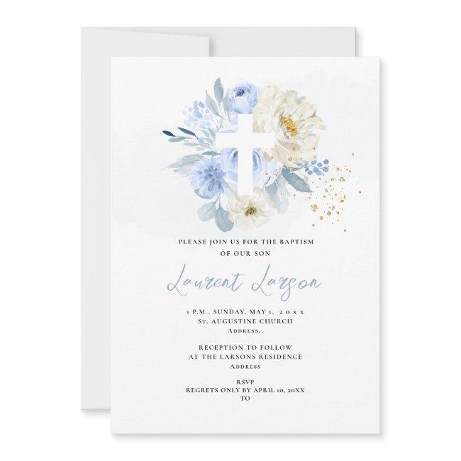 Artsapp Elegant H2 Dusty Blue Roses Baptism Invitation
