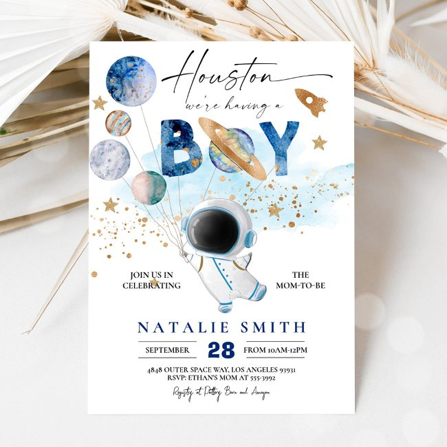 Astronaut Outer Space Planets Boy Baby Shower Invitation