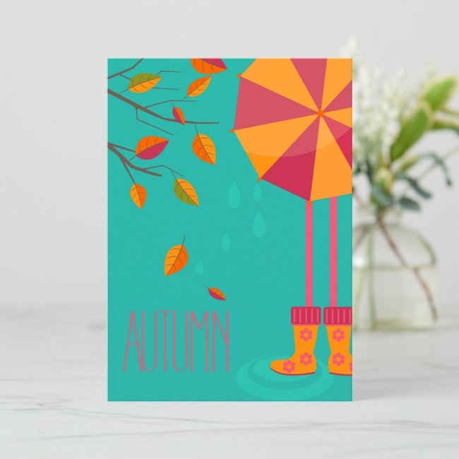Autumn Rain Boots And Umbrella Fall Leaves Invitation
