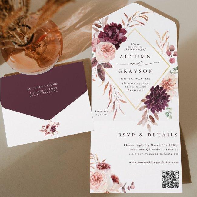 Autumn Romance Gold Geometric Wedding Qr Code All In One Invitation