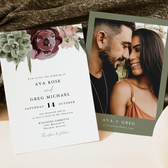 Ava Boho Burgundy Floral Succulent Cactus Wedding Invitation