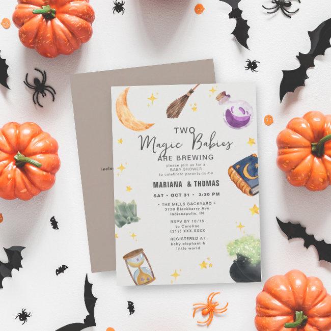 Babies Brewing Twins Neutral Halloween Baby Shower Invitation