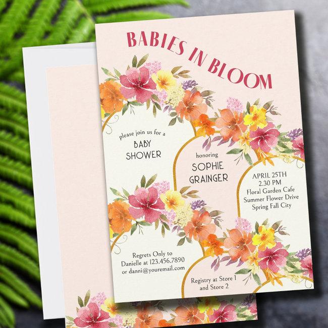Babies In Bloom Floral Gold Arch Twins Baby Shower Invitation