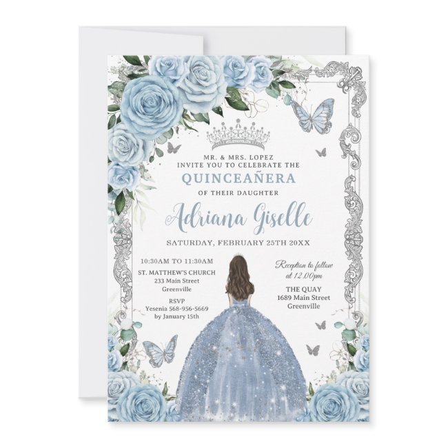 Baby Blue Floral Princess Dress Silver Quinceanera Invitation