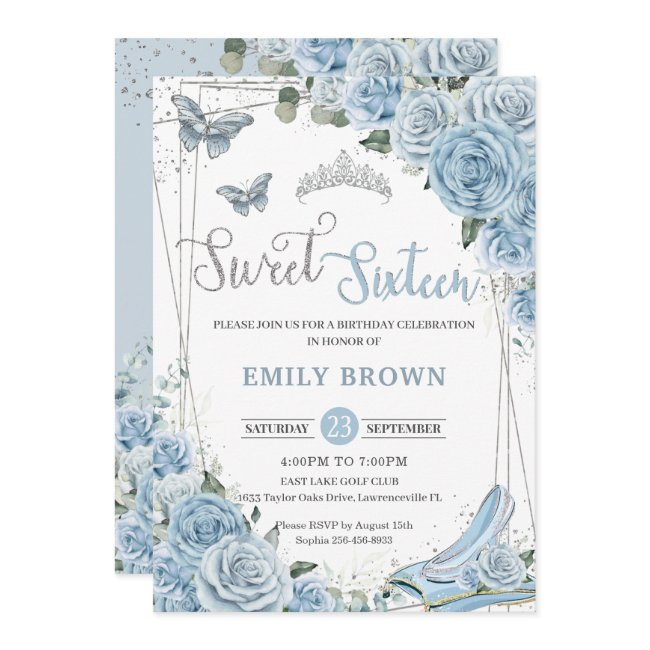 Baby Blue Floral Princess Sweet Sixteen 16th Invitation