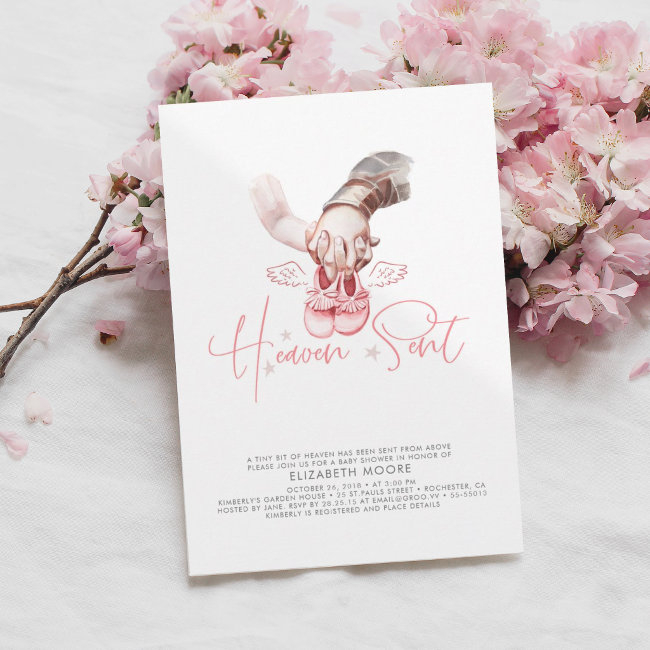 Baby Girl Heaven Sent Cute Minimalist Baby Shower Invitation