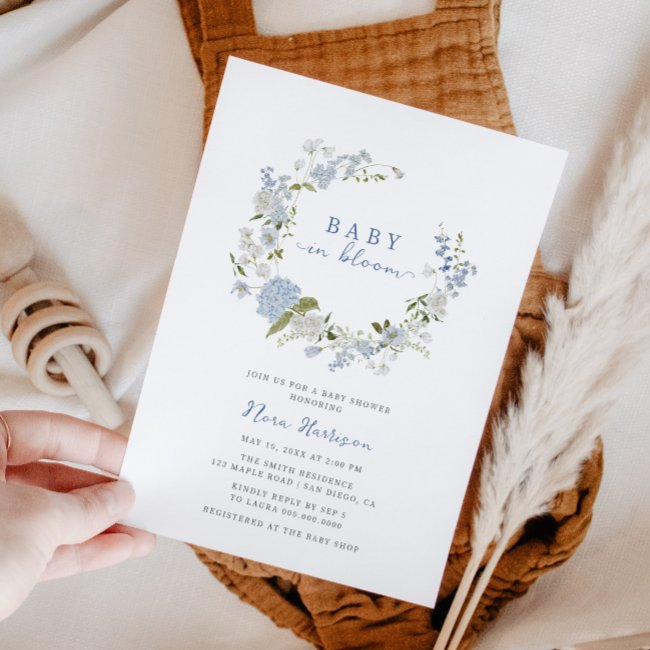 Baby In Bloom Blue Floral Wreath Baby Shower Invitation