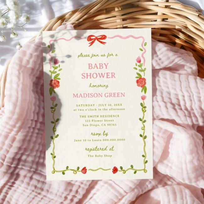 Baby In Bloom Hand Drawn Floral Bow Baby Shower Invitation