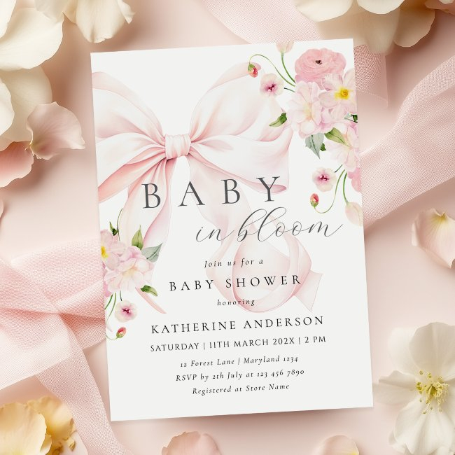 Baby In Bloom Pink Bow Baby Shower Invitation