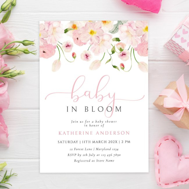 Baby In Bloom Pink Floral Baby Shower Invitation