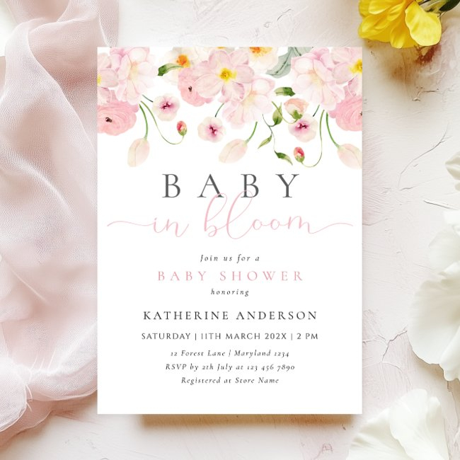 Baby In Bloom Pink Floral Baby Shower Invitation