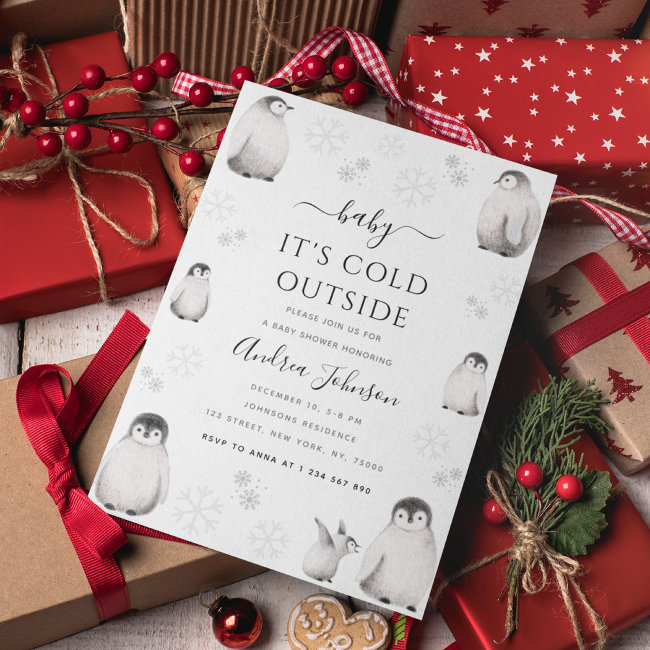 Baby It's Cold Outside Pencil Penguin Baby Shower Save The Date