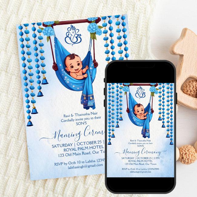 Baby Naming Cradle Indian Ceremony Blue Template