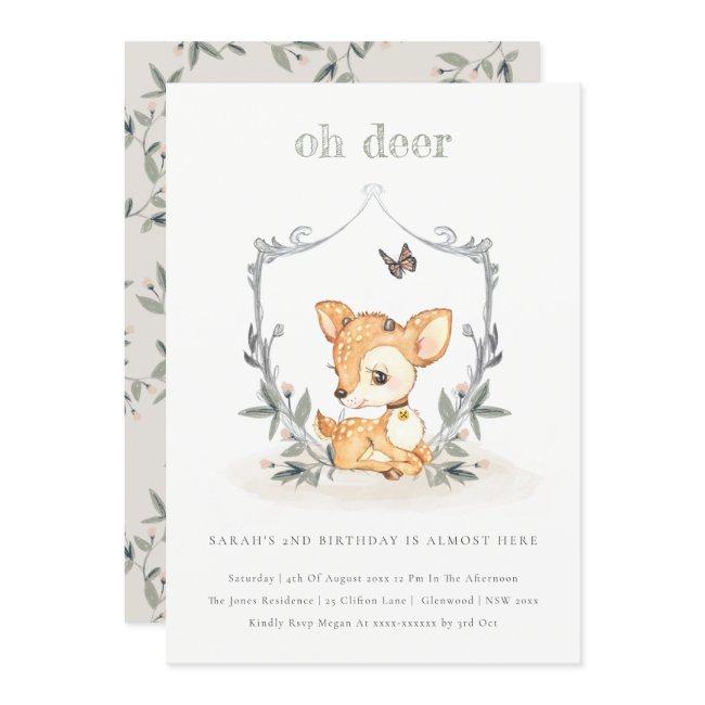 Baby Oh Deer Floral Crest Any Age Birthday Invite