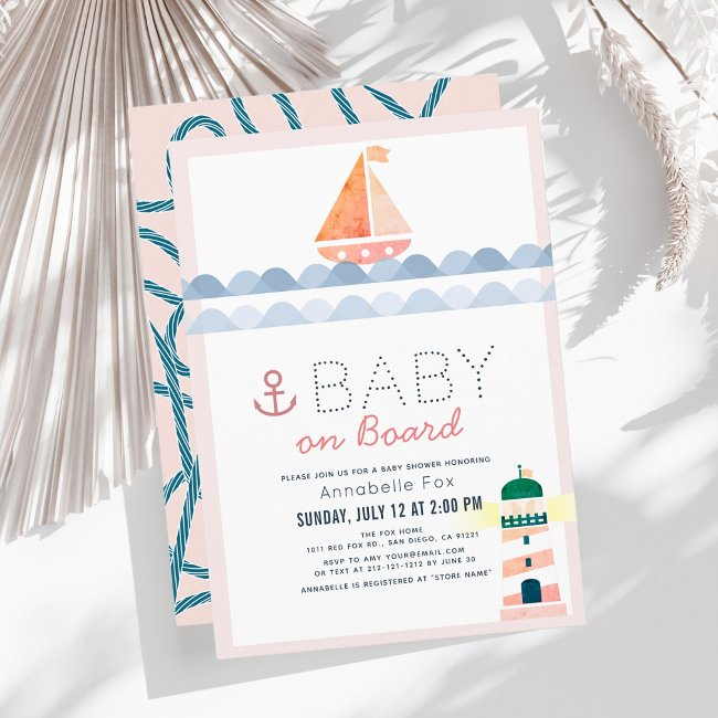 Baby On Board Nautical Pink Girl Baby Shower Invitation