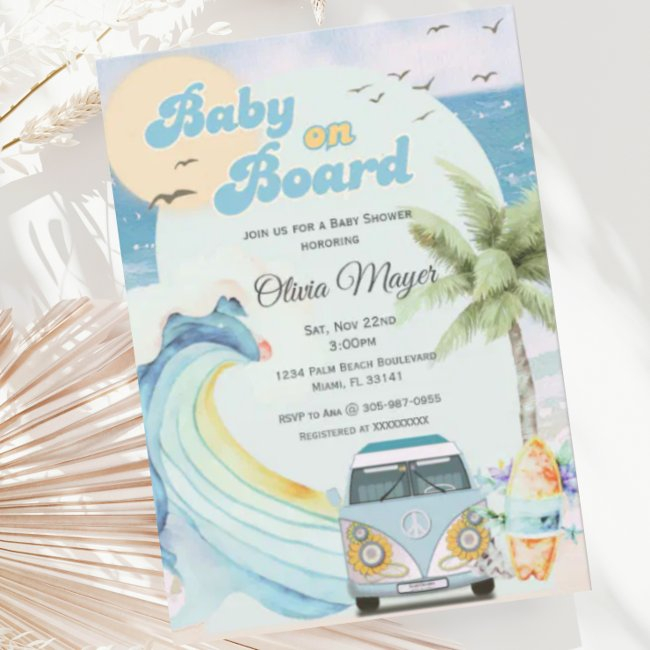 Baby On Board Retro Surfing Beach Baby Shower Invitation
