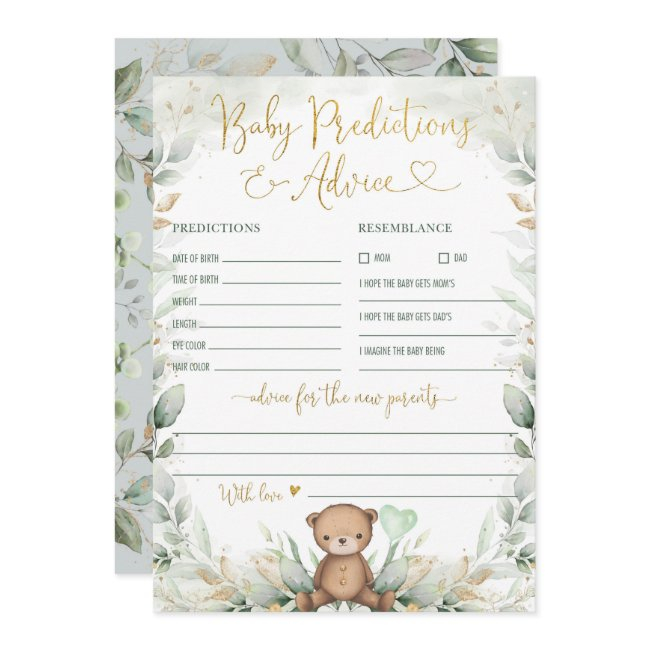 Baby Predictions & Advice Teddy Bear Greenery Game Invitation