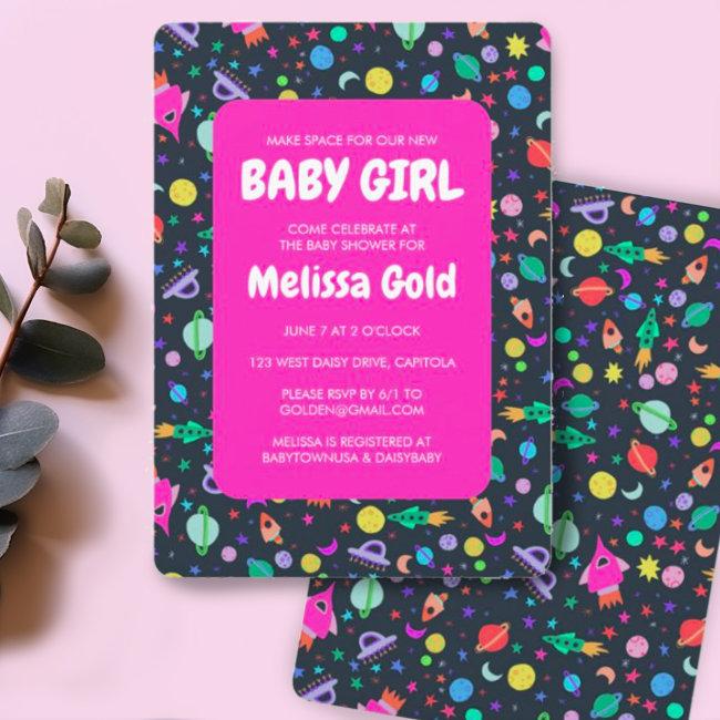 Baby Shower Girl Cute Space Rockets Pattern Custom Invitation