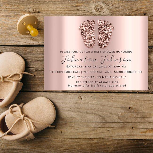 Baby Shower Glitter Rose Gold Feet Gray Boy Girl Invitation