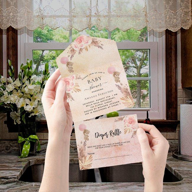 Baby Shower Teddy Pampas Florals Diaper Raffle All In One Invitation