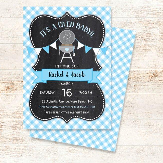 Babyq Blue Gingham Chalkboard Boy Baby Shower Invitation